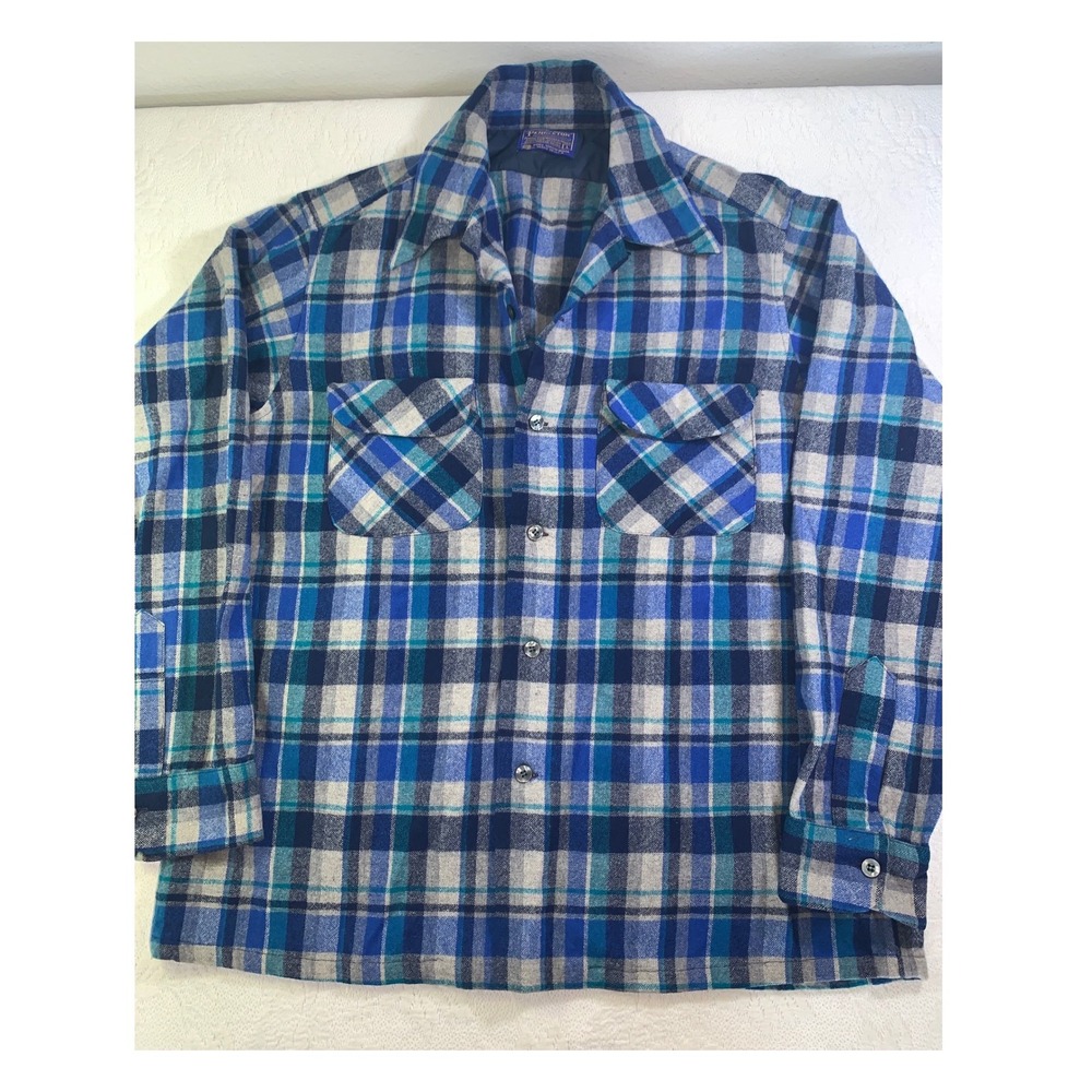 Vintage Pendleton Board Shirt Blue Plaid Wool Loop Collar Flap Pocket Mens L